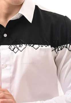 Hand Embroidered Cotton Silk Shirt in White and Black
