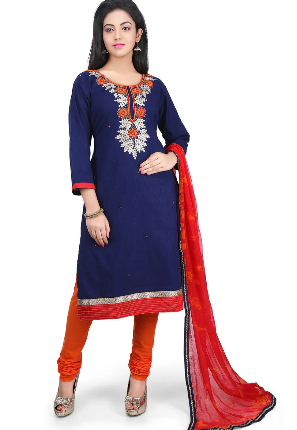 Hand Embroidered Cotton Straight Suit in Navy Blue