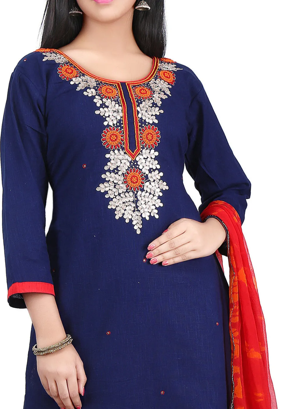 Hand Embroidered Cotton Straight Suit in Navy Blue