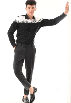 Hand Embroidered Cotton Silk Shirt in Black and White