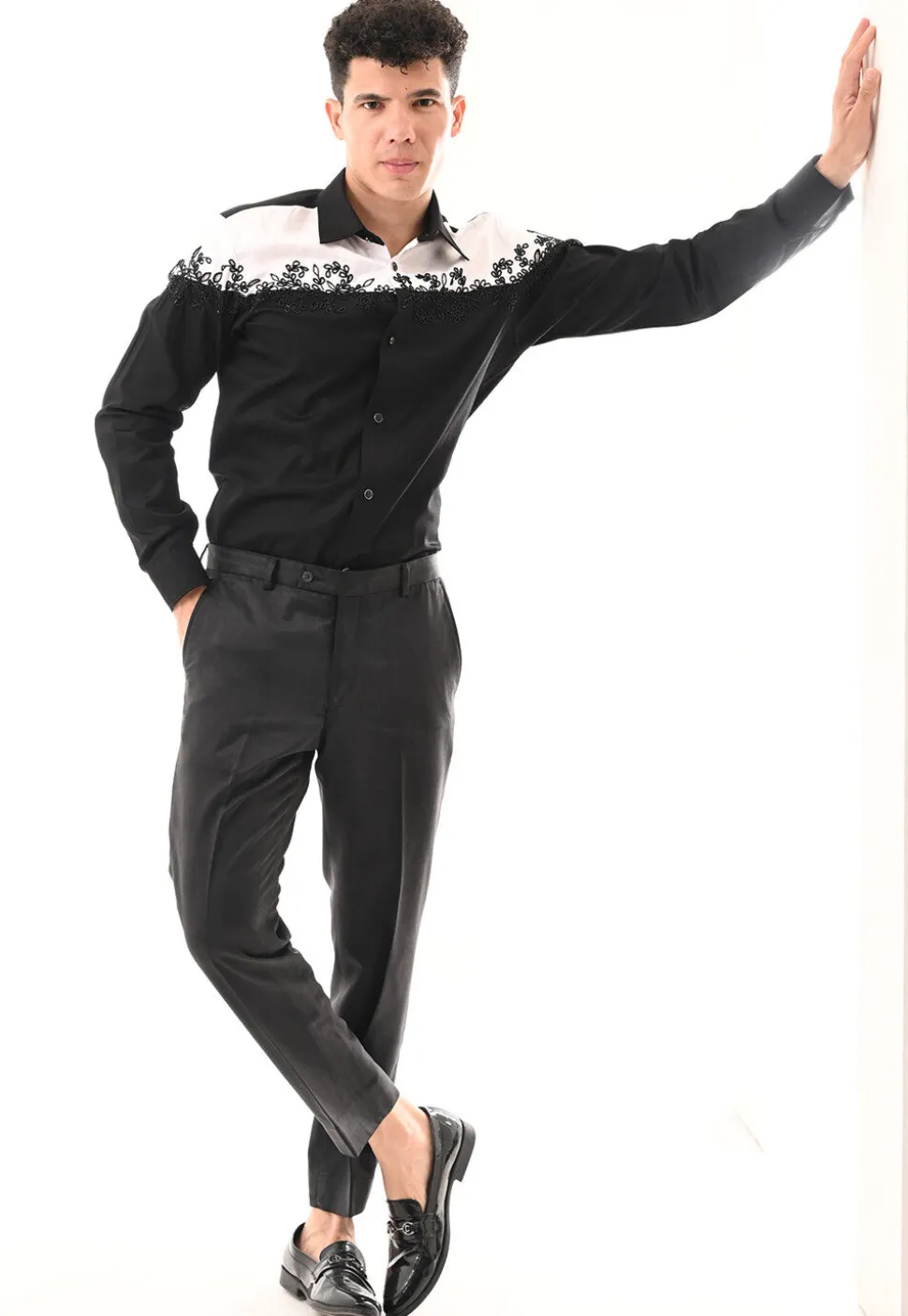 Hand Embroidered Cotton Silk Shirt in Black and White