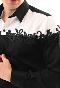 Hand Embroidered Cotton Silk Shirt in Black and White