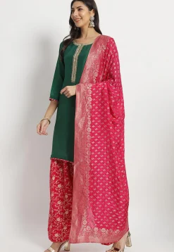 Hand Embroidered Cotton Silk Punjabi Suit in Dark Green