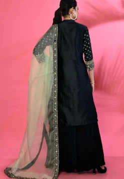 Hand Embroidered Cotton Silk Pakistani Suit in Dark Navy Blue