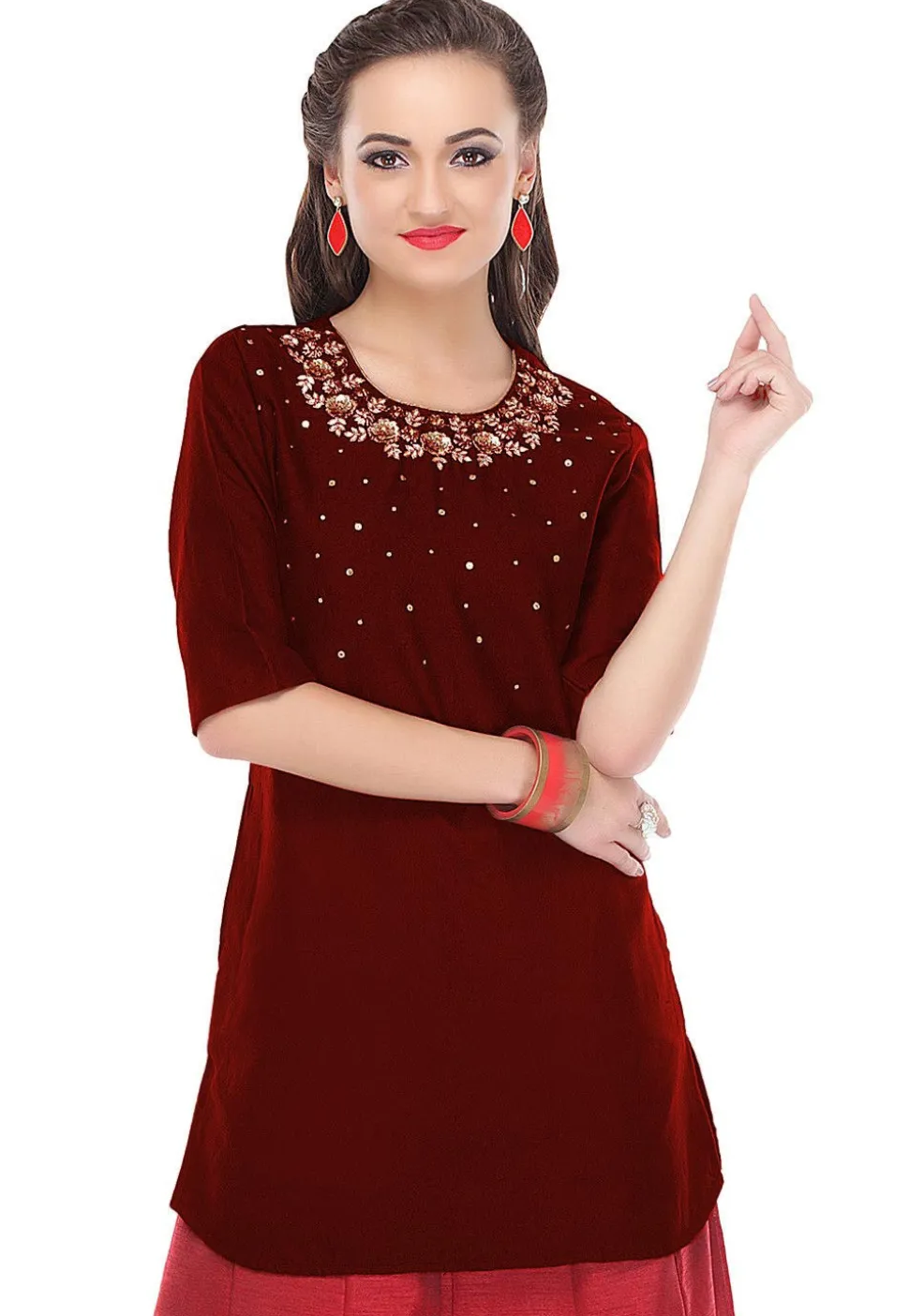 Hand Embroidered Cotton Silk Kurti in Maroon
