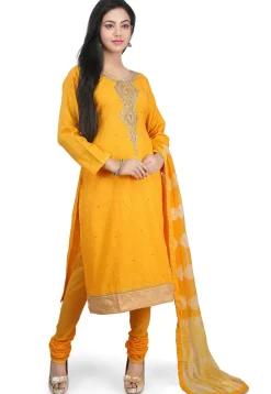 Hand Embroidered Cotton Straight Suit in Yellow