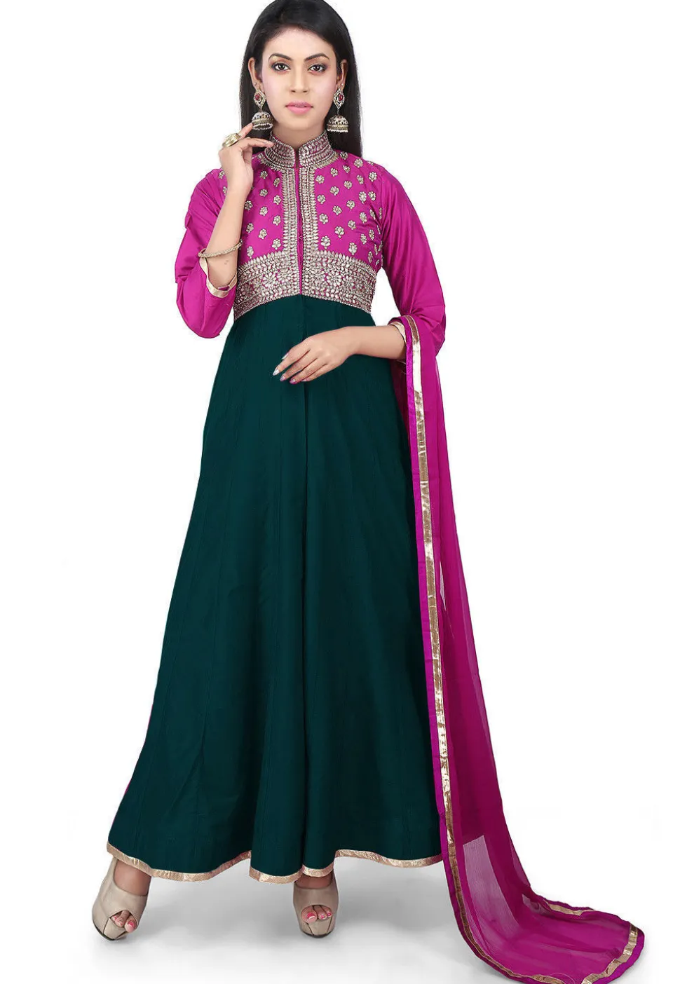 Hand Embroidered Cotton Silk Abaya Style Suit in Dark Green and Fuchsia