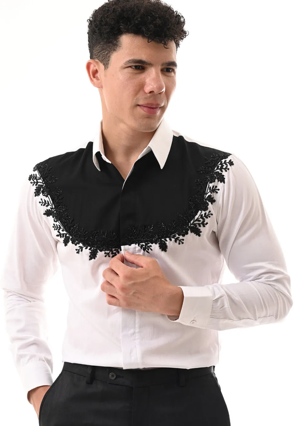 Hand Embroidered Cotton Silk Shirt in White and Black