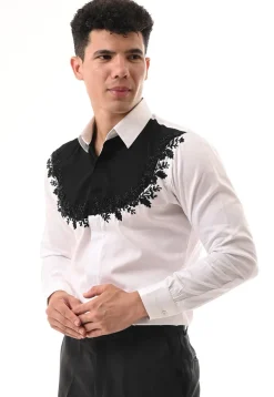 Hand Embroidered Cotton Silk Shirt in White and Black