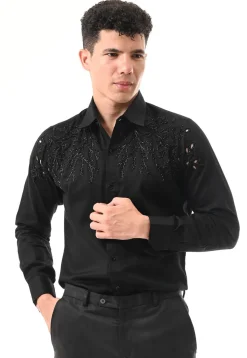 Hand Embroidered Cotton Silk Shirt in Black
