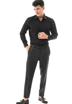Hand Embroidered Cotton Silk Shirt in Black