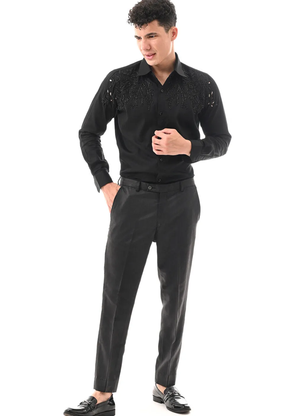 Hand Embroidered Cotton Silk Shirt in Black