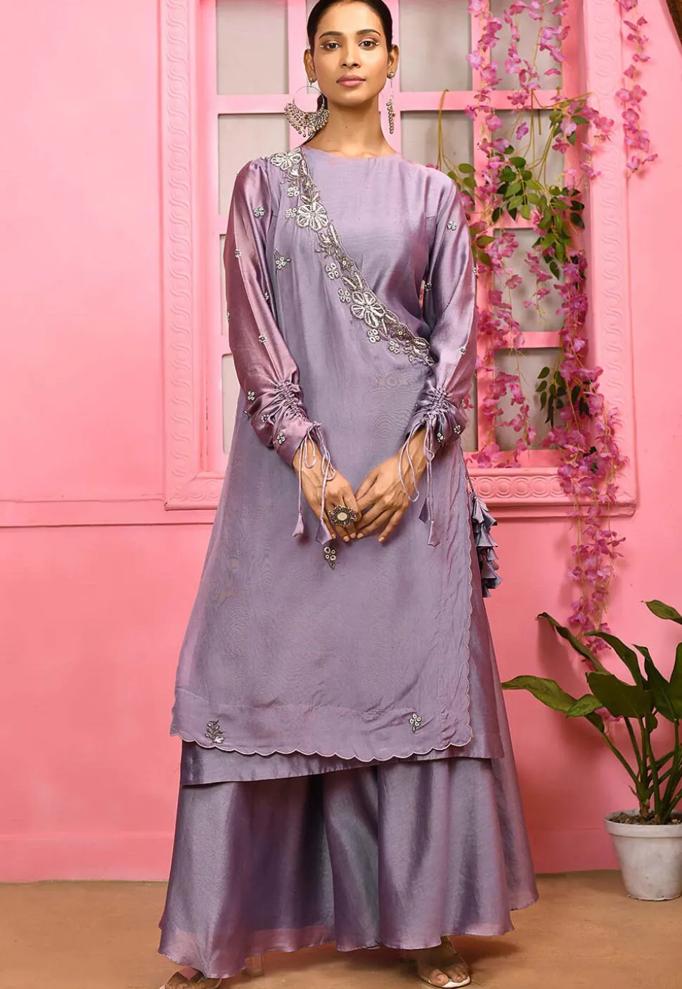 Hand Embroidered Cotton Silk Layered Kurta Set in Light Purple