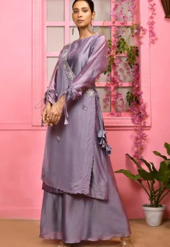 Hand Embroidered Cotton Silk Layered Kurta Set in Light Purple