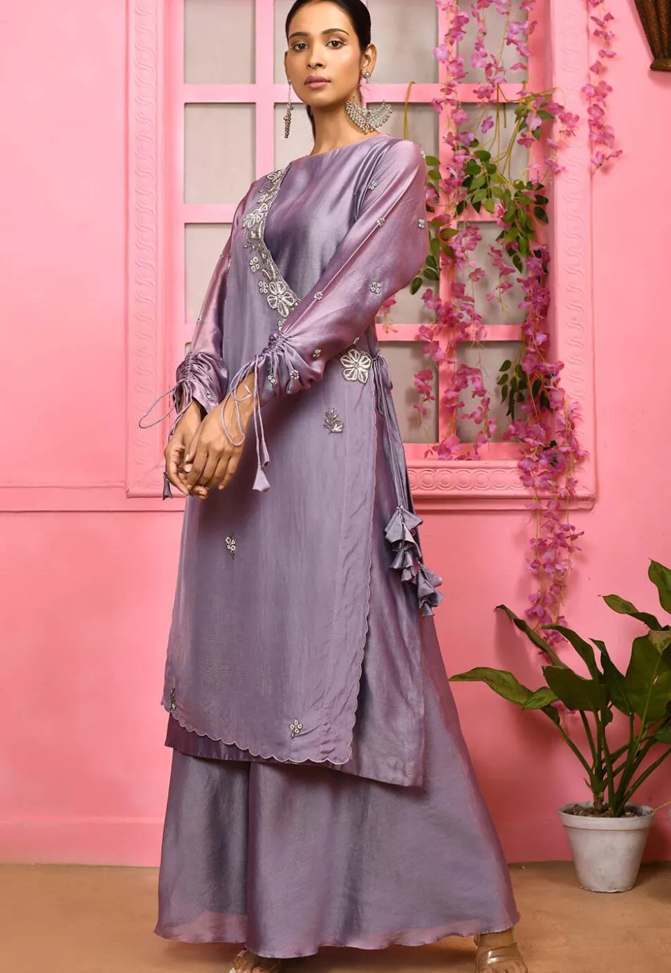 Hand Embroidered Cotton Silk Layered Kurta Set in Light Purple