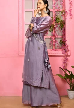 Hand Embroidered Cotton Silk Layered Kurta Set in Light Purple