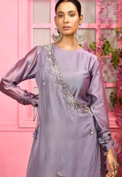 Hand Embroidered Cotton Silk Layered Kurta Set in Light Purple