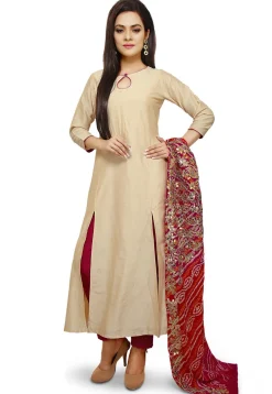 Hand Embroidered Cotton Silk Straight Suit in Beige