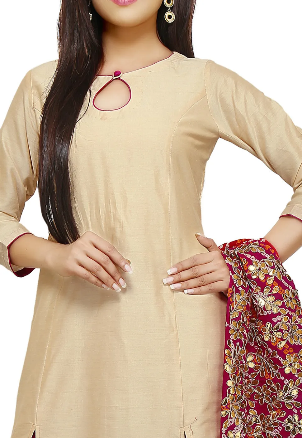 Hand Embroidered Cotton Silk Straight Suit in Beige