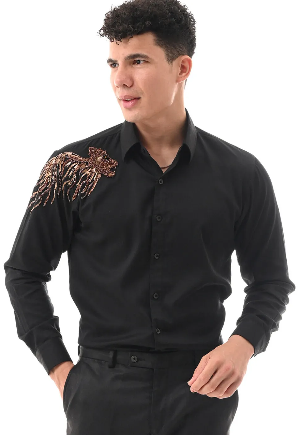 Hand Embroidered Cotton Silk Shirt in Black
