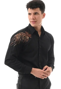 Hand Embroidered Cotton Silk Shirt in Black