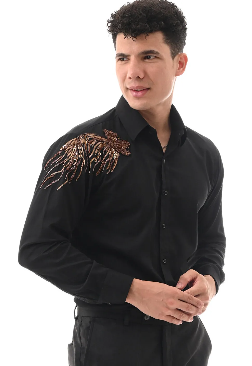 Hand Embroidered Cotton Silk Shirt in Black