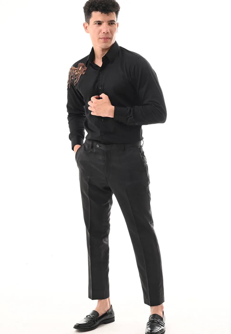 Hand Embroidered Cotton Silk Shirt in Black