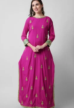 Hand Embroidered Crepe Abaya Style Suit in Magenta
