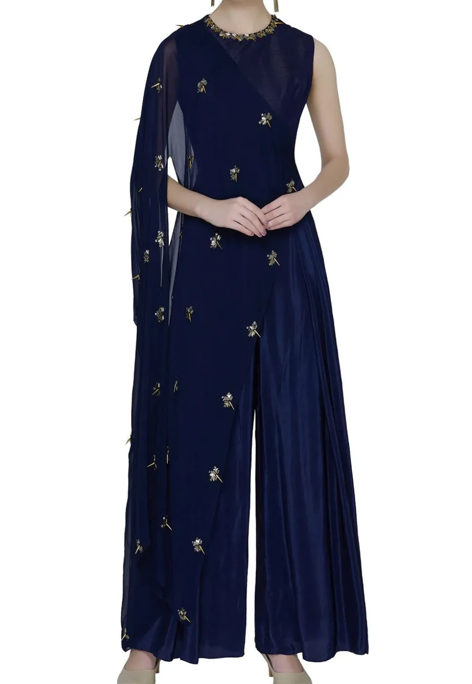Hand Embroidered Crepe Cape Style Jumpsuit in Navy Blue