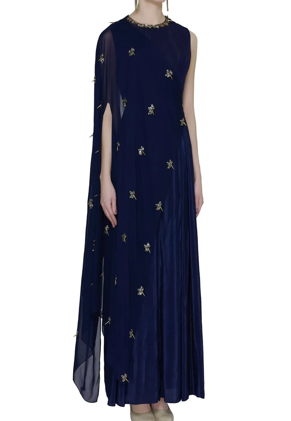 Hand Embroidered Crepe Cape Style Jumpsuit in Navy Blue