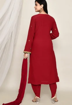 Hand Embroidered Crepe Punjabi Suit in Maroon
