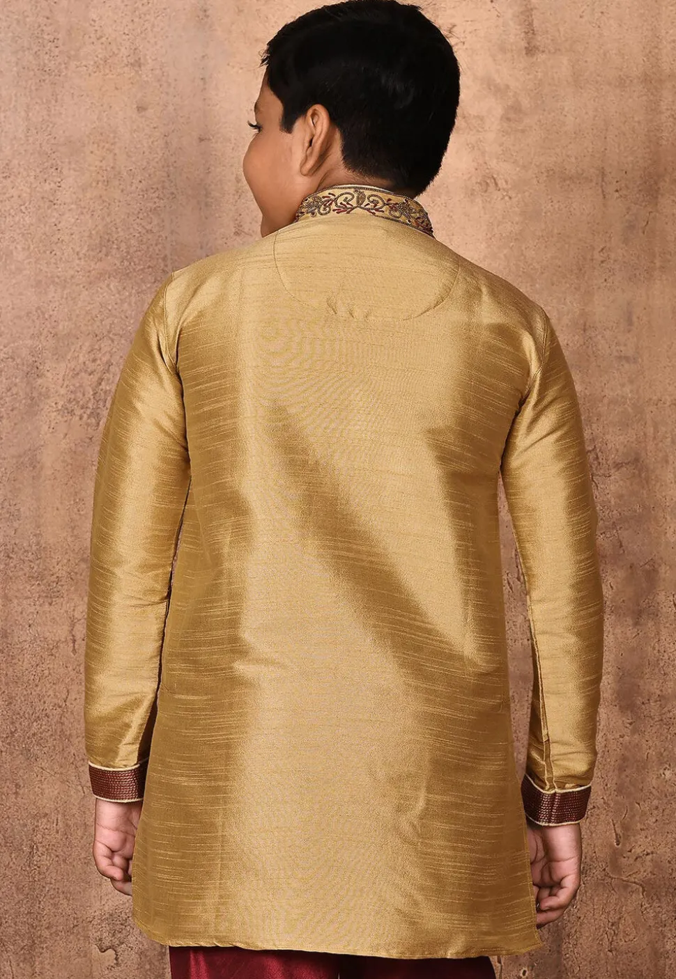 Hand Embroidered Dupion Silk Kurta in Beige