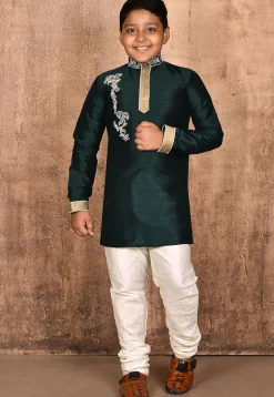 Hand Embroidered Dupion Silk Kurta Set in Dark Green