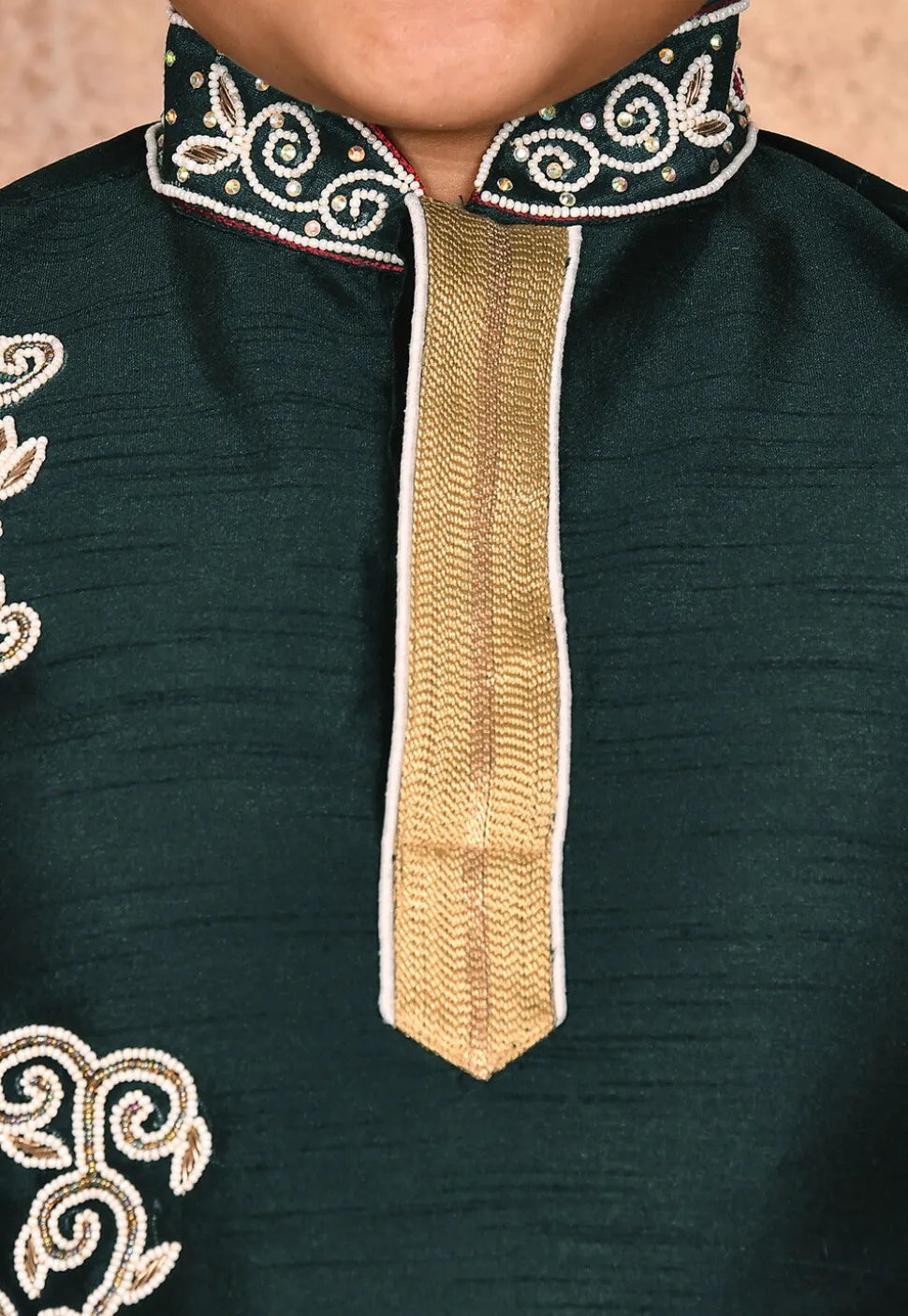 Hand Embroidered Dupion Silk Kurta Set in Dark Green