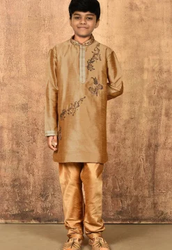 Hand Embroidered Dupion Silk Kurta Set in Beige