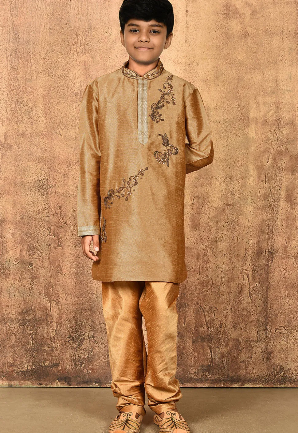 Hand Embroidered Dupion Silk Kurta Set in Beige