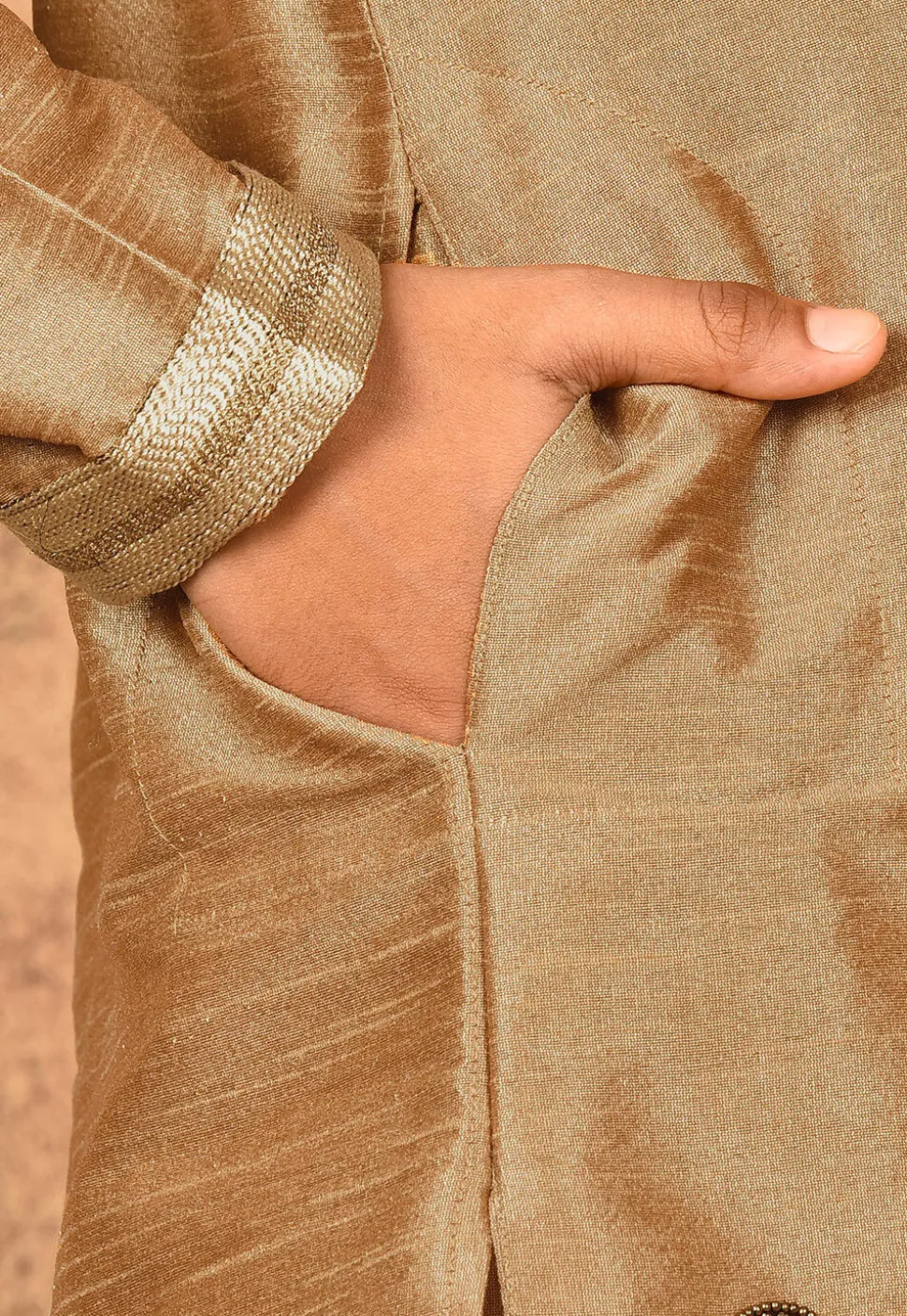 Hand Embroidered Dupion Silk Kurta Set in Beige