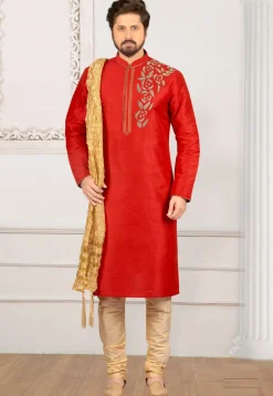 Hand Embroidered Dupion Silk Kurta Set in Rust