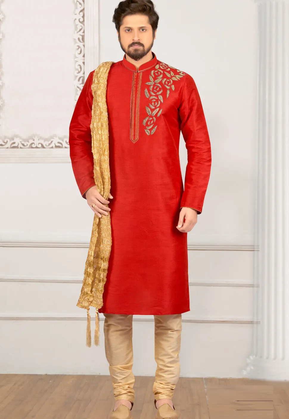 Hand Embroidered Dupion Silk Kurta Set in Rust