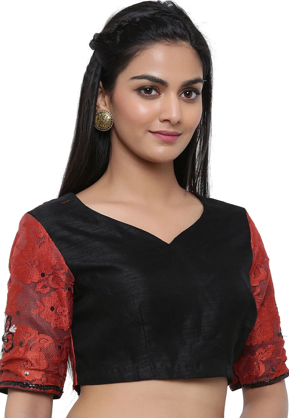 Hand Embroidered Dupion Silk Blouse in Black and Maroon