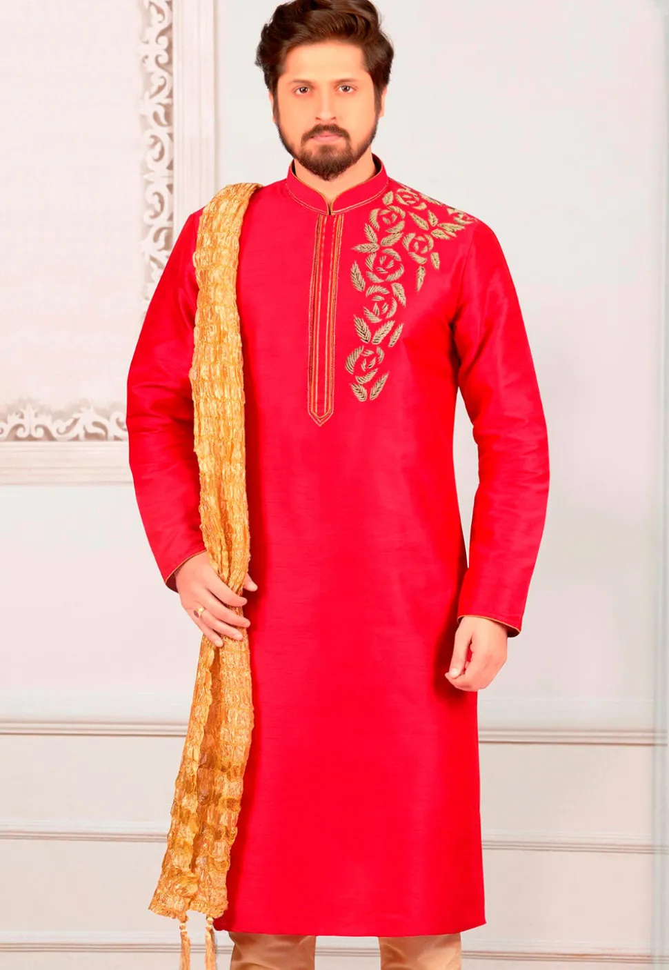 Hand Embroidered Dupion Silk Kurta in Fuchsia