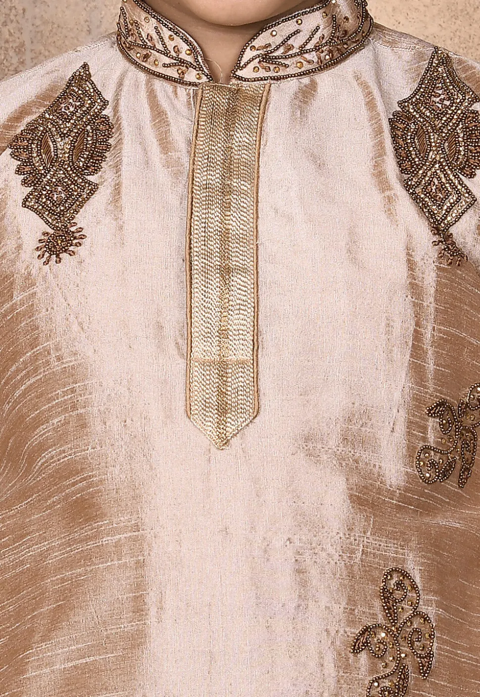 Hand Embroidered Dupion Silk Kurta in Beige