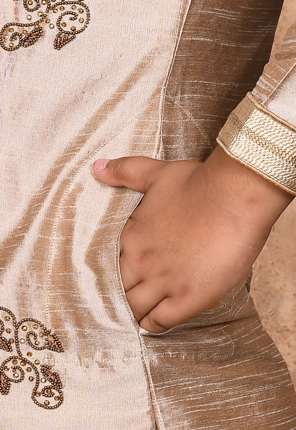 Hand Embroidered Dupion Silk Kurta in Beige