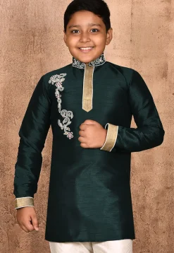 Hand Embroidered Dupion Silk Kurta in Dark Green