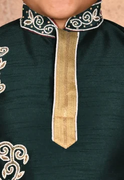 Hand Embroidered Dupion Silk Kurta in Dark Green