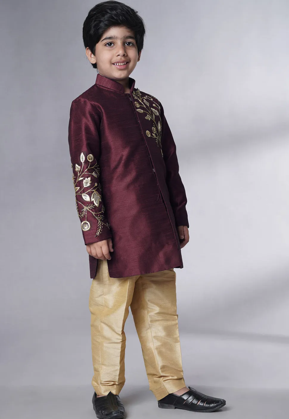 Hand Embroidered Dupion Silk Sherwani Set in Wine