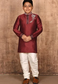 Hand Embroidered Dupion Silk Kurta Set in Maroon