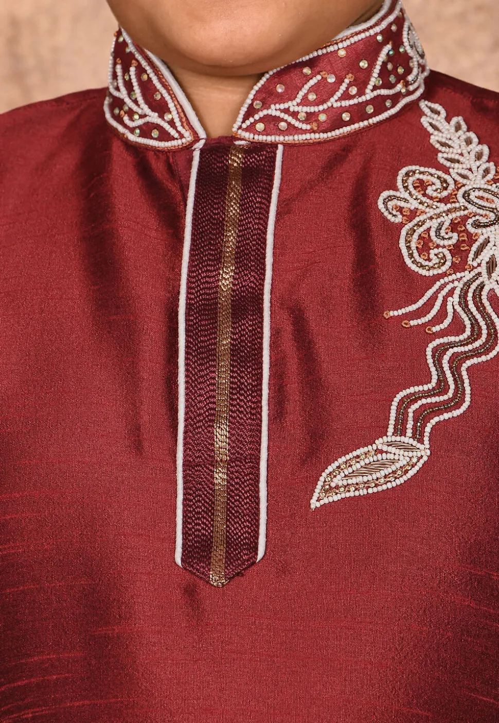 Hand Embroidered Dupion Silk Kurta Set in Maroon