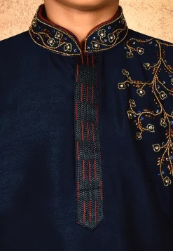 Hand Embroidered Dupion Silk Kurta in Navy Blue
