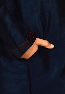 Hand Embroidered Dupion Silk Kurta in Navy Blue